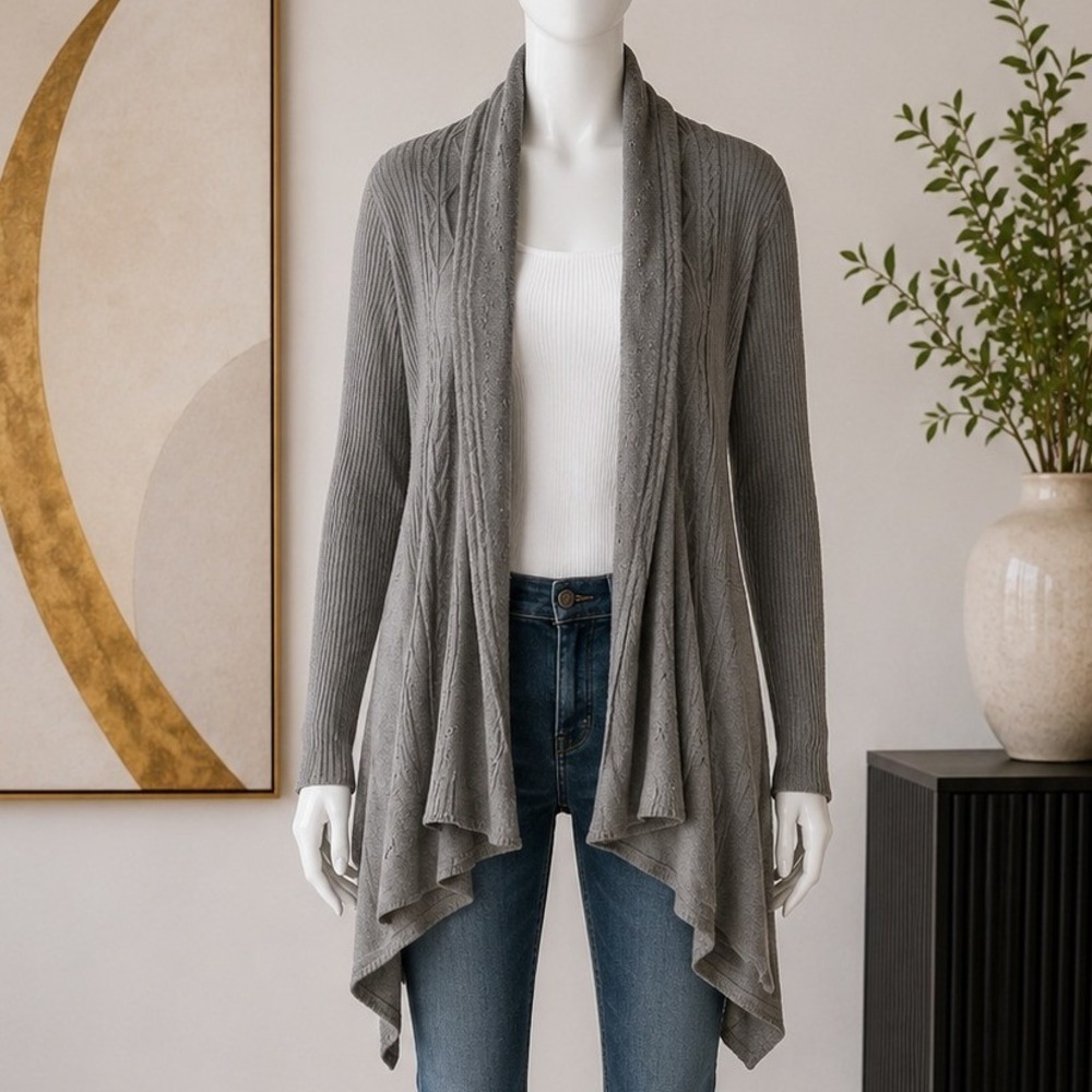 RQT Womens Cardigan Gray Draped Open Front Ribbed Cable Knit Size M